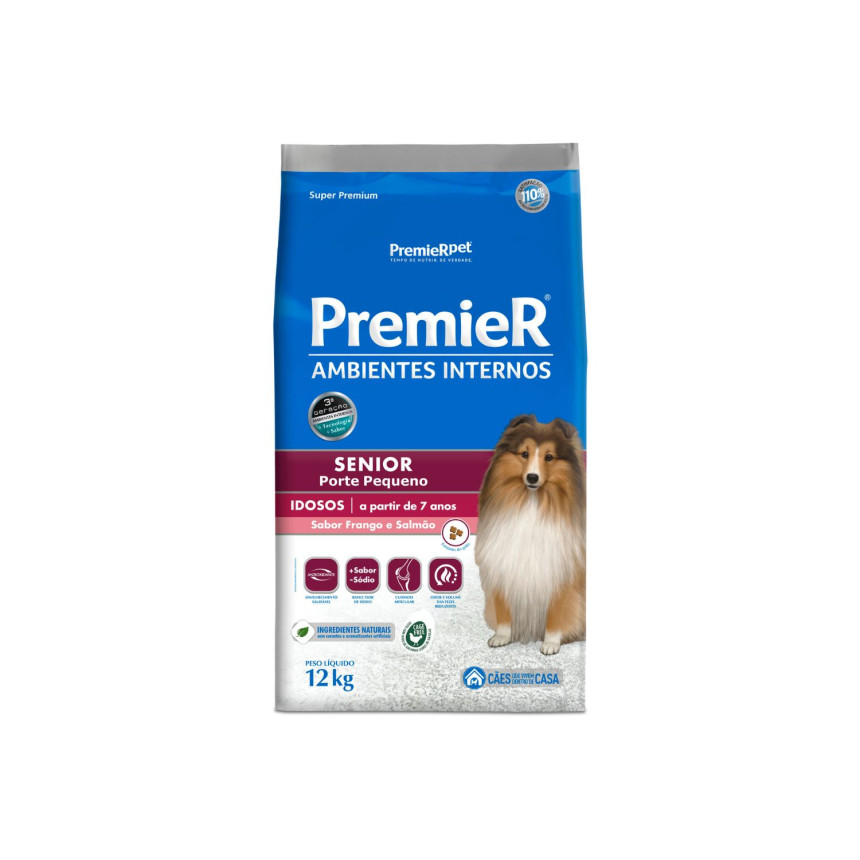 Premier Ambientes Internos Cães Sênior Porte Pequeno Frango e Salmão 12 kg