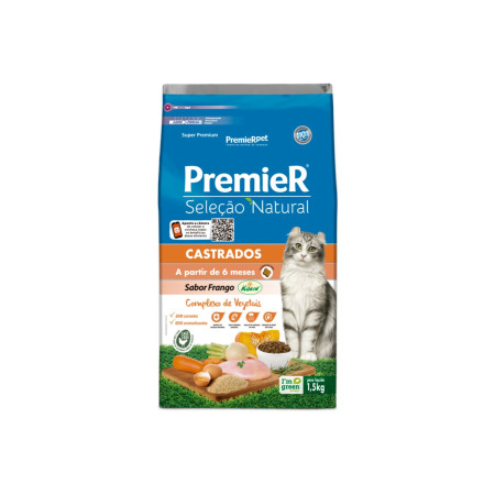 Premier Seleção Natural Gatos Castrados Frango e Complexo de Vegetais 1,5 kg