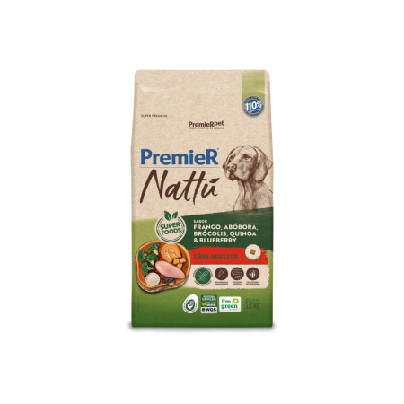 Premier Nattu Cães Adultos Frango, Abóbora, Brócolis, Quinoa e Blueberry 12 kg