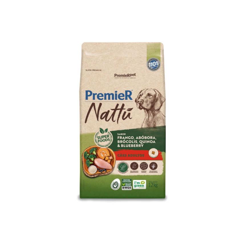 Premier Nattu Cães Adultos Frango, Abóbora, Brócolis, Quinoa e Blueberry 12 kg