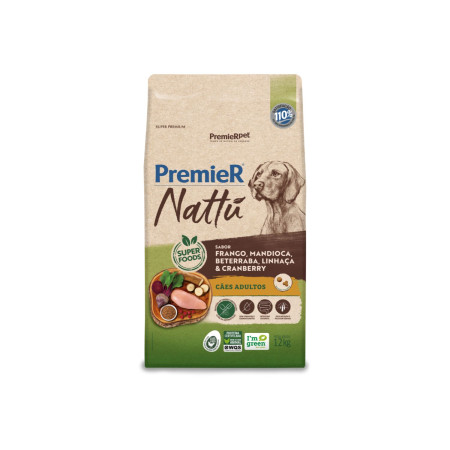 Premier Nattu Cães Adultos Frango, Mandioca, Beterraba, Linhaça e Cranberry 12 kg