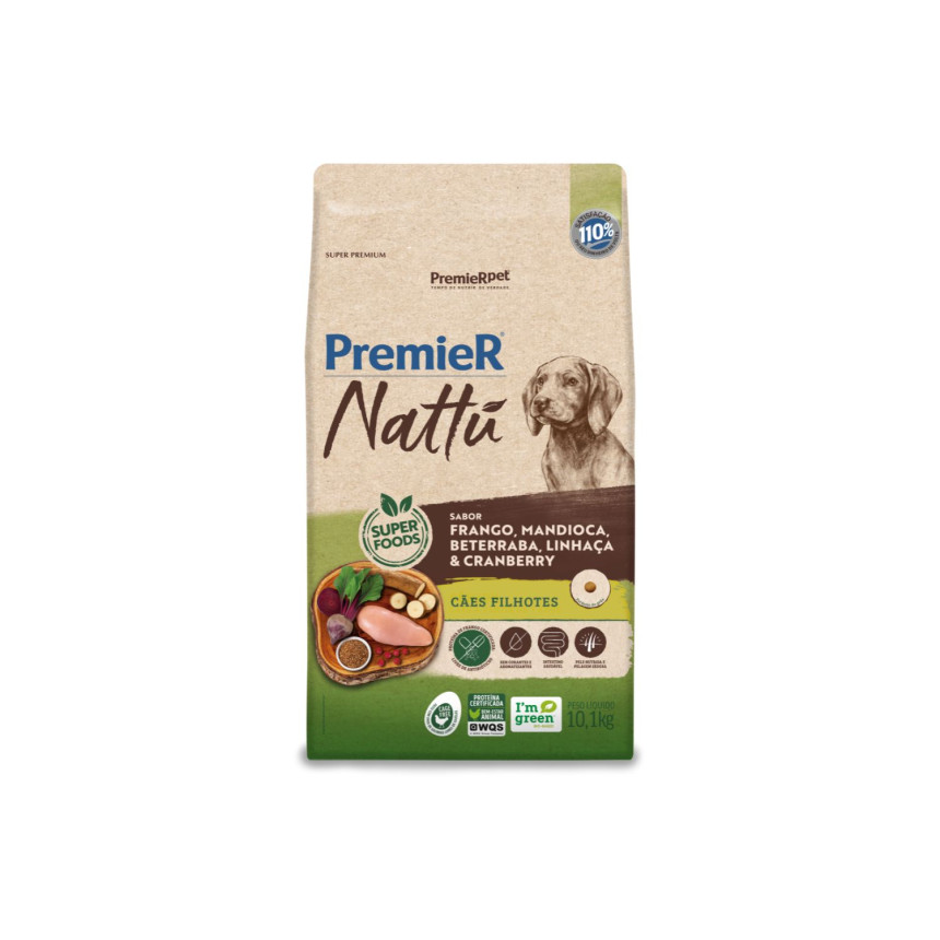Premier Nattu Cães Filhotes Frango, Mandioca, Beterraba, Linhaça e Cranberry  10,1 kg