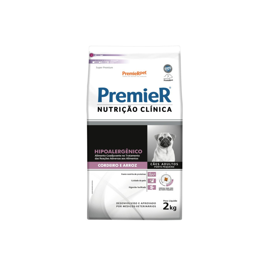 Premier Nutrição Clínica Hipoalergênico Cães Adultos Porte Pequeno Cordeiro e Arroz 2 kg