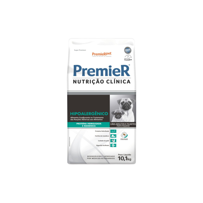 Premier Nutrição Clínica Hipoalergênico Cães Filhotes e Adultos Porte Pequeno Proteína Hidrolisada e Mandioca 10,1 kg