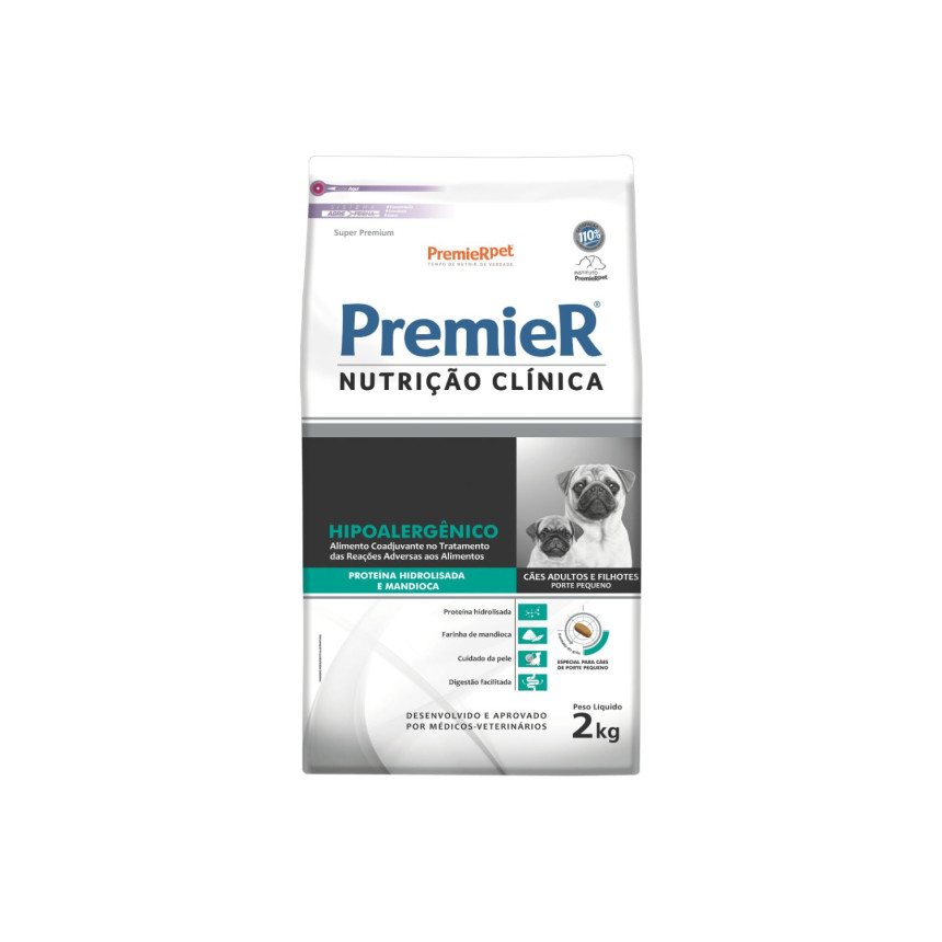 Premier Nutrição Clínica Hipoalergênico Cães Filhotes e Adultos Porte Pequeno Proteína Hidrolisada e Mandioca 2 kg
