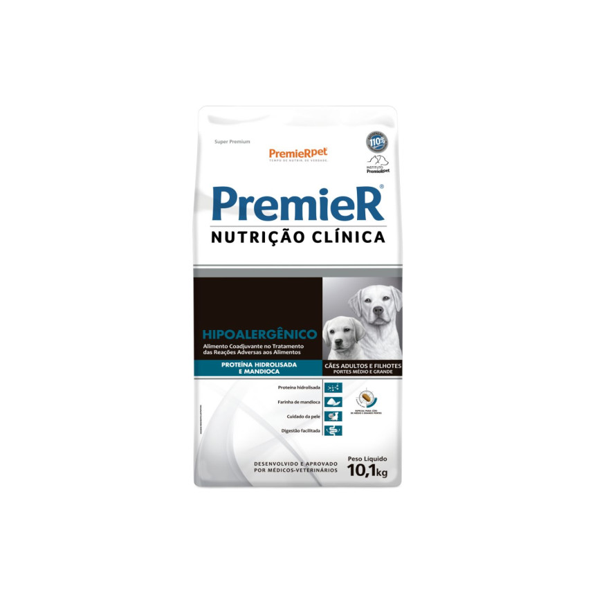 Premier Nutrição Clínica Hipoalergênico Cães Filhotes e Adultos Porte Médio Grande Proteína Hidrolisada Mandioca 10,1 kg