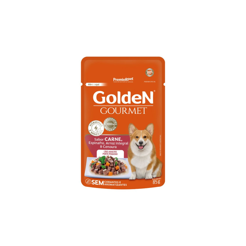 Sachê Golden Gourmet Cães Adultos Porte Pequeno Carne, Espinafre, Arroz Integral e Cenoura 85 g