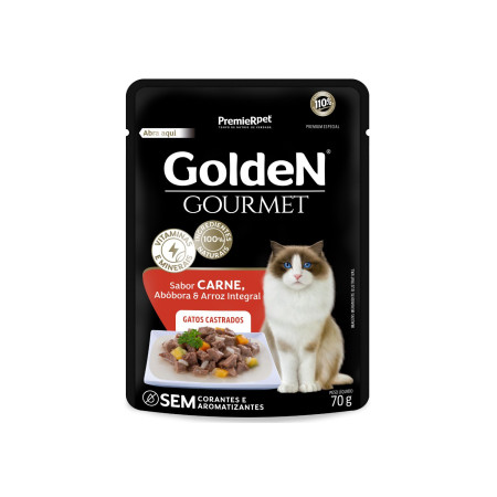 Sachê Golden Gourmet Gatos Castrados Carne, Abóbora e Arroz Integral 70 g