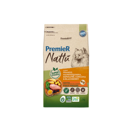 Premier Nattu Cães Adultos Porte Pequeno Frango, Mandioquinha, Espinafre, Cúrcuma e Blackberry 1 kg