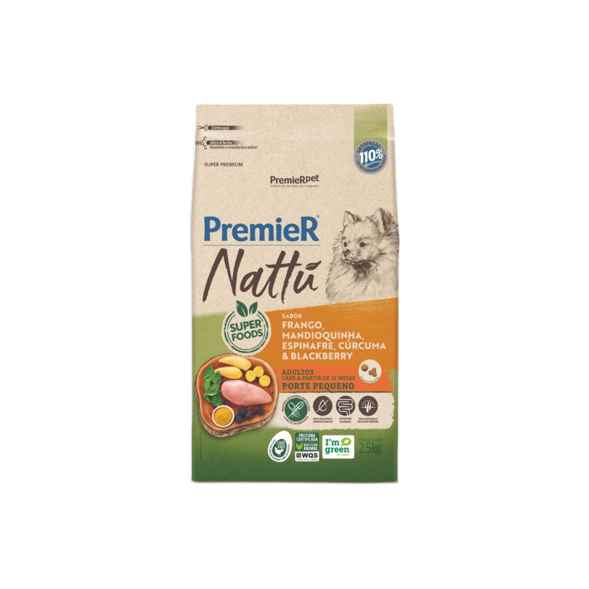 Premier Nattu Cães Adultos Porte Pequeno Frango, Mandioquinha, Espinafre, Cúrcuma e Blackberry 2,5 kg