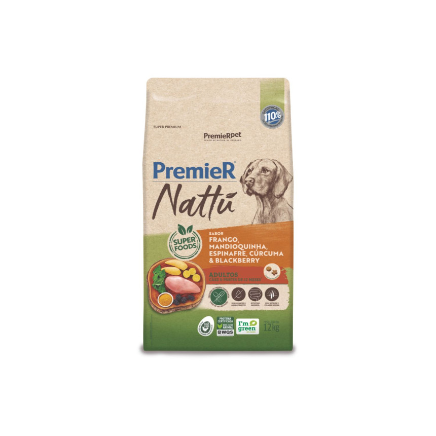 Premier Nattu Cães Adultos Frango, Mandioquinha, Espinafre, Cúrcuma e Blackberry 12 kg