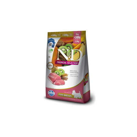 N&D Tropical Selection Cães Adultos Mini Breeds Suíno Cereais e Frutas Tropicais 2,5 kg