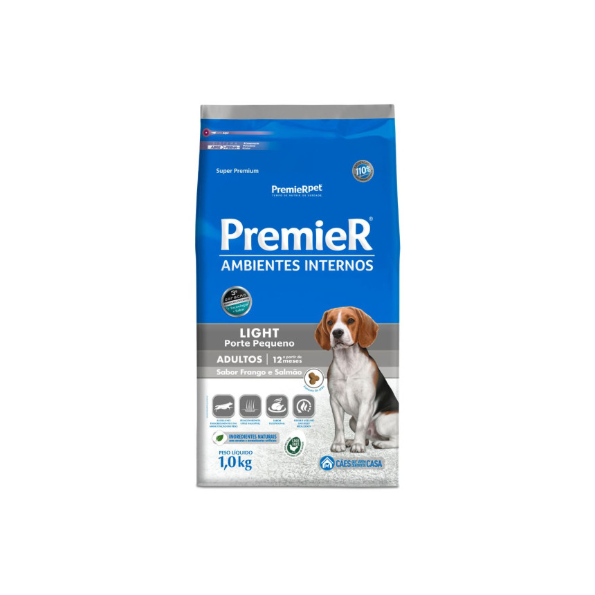 Premier Ambientes Internos Light Cães Adultos Porte Pequeno Frango e Salmão 1 kg