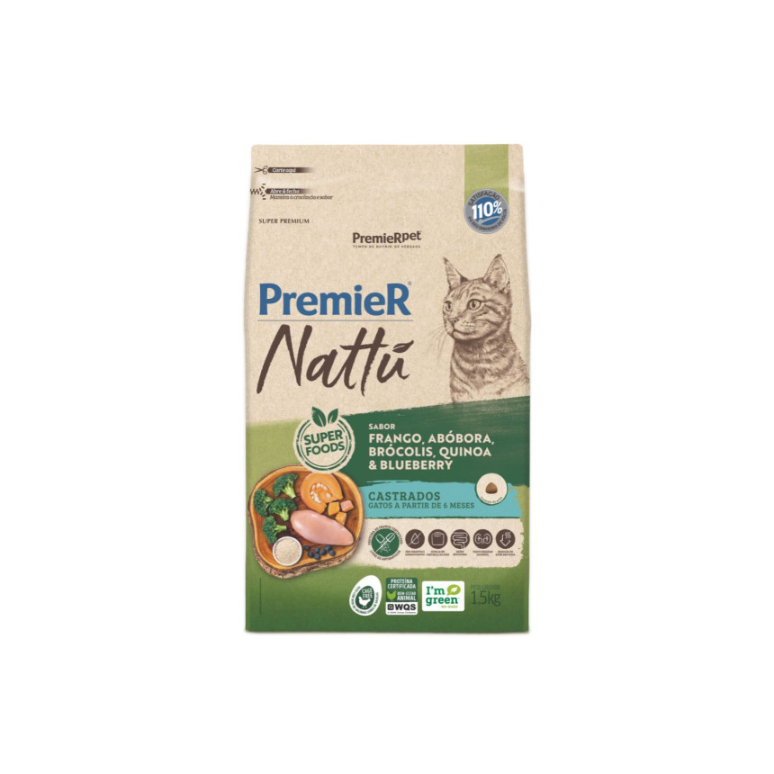 Premier Nattu Gatos Castrados Frango Abóbora Brócolis Quinoa e Blueberry  1,5 kg