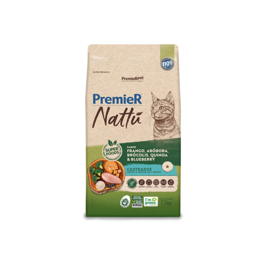 Premier Nattu Gatos Castrados Frango Abóbora Brócolis Quinoa e Blueberry  7,5 kg