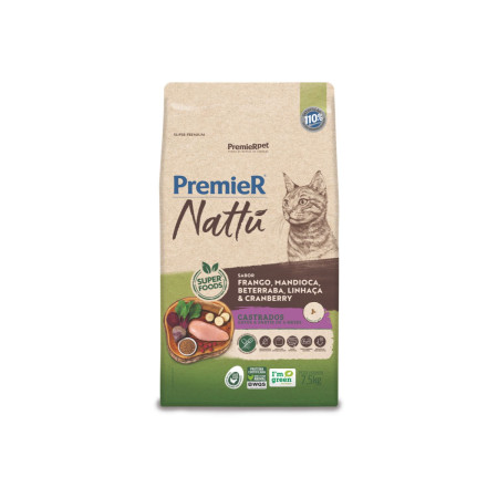 Premier Nattu Gatos Castrados Frango Mandioca Beterraba Linhaça e Cranberry  7,5 kg