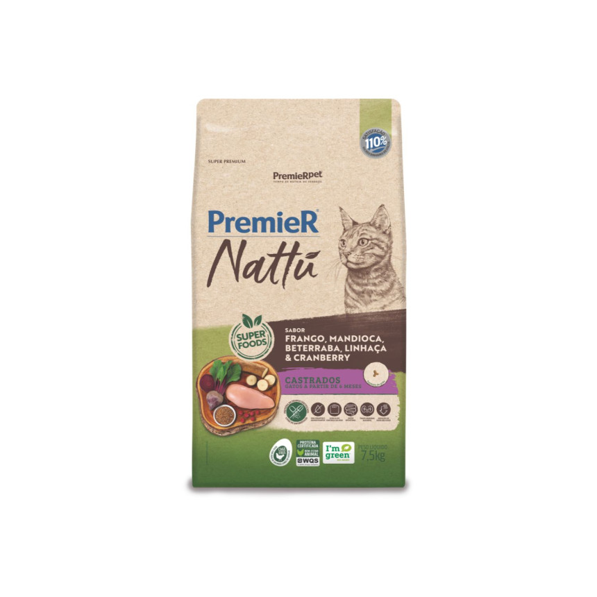 Premier Nattu Gatos Castrados Frango Mandioca Beterraba Linhaça e Cranberry  7,5 kg