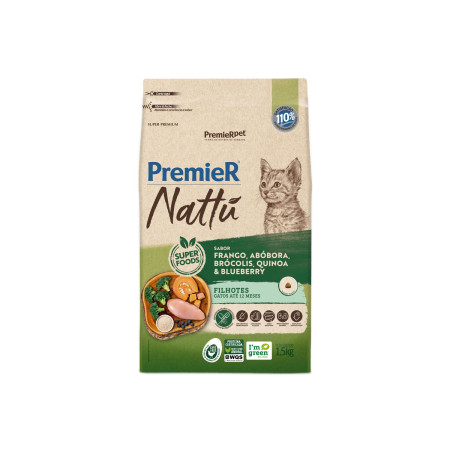 Premier Nattu Gatos Filhotes Frango Abóbora Brócolis Quinoa e Blueberry  1,5 kg