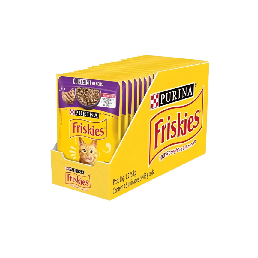 Sachê Friskies Gatos Adultos Cordeiro ao Molho 85 g - caixa c/ 15 unidades