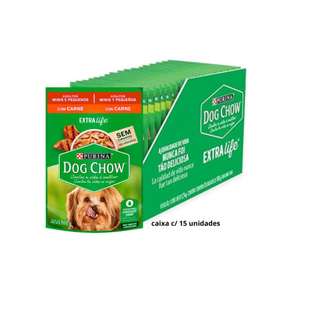 Sachê Dog Chow Cães Adultos Mini e Pequeno Carne 100 g - caixa c/ 15 unidades