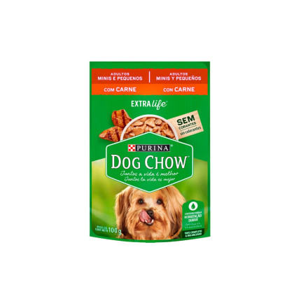Sachê Dog Chow Cães Adultos Mini e Pequeno Carne 100 g - caixa c/ 15 unidades