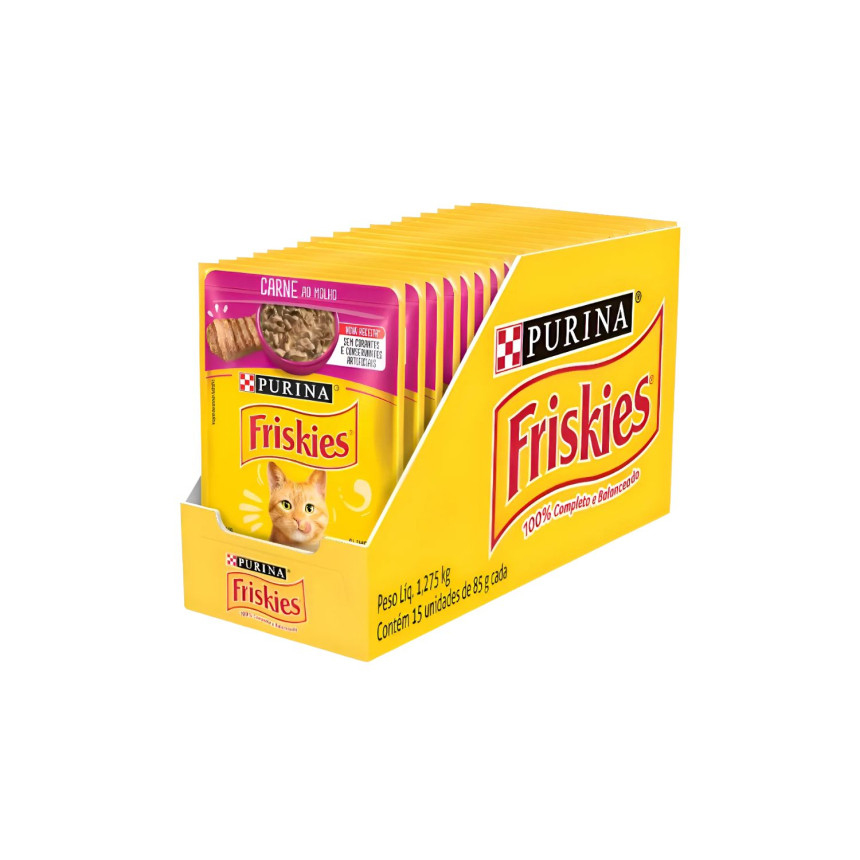 Sachê Friskies Gatos Adultos Carne ao Molho 85 g - caixa c/ 15 unidades