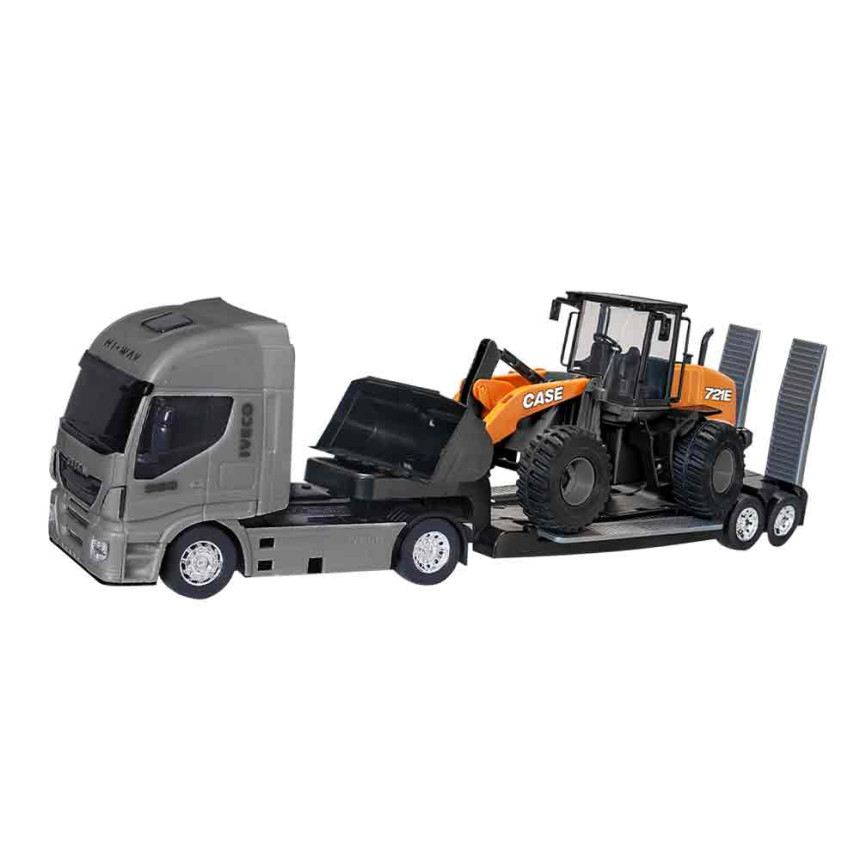 Caminhão de Plataforma Iveco e Pá Carregadeira 721E Case (Brinquedo)